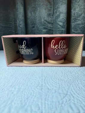 Good Morning & Hello Sunshine Ceramic Mug Set - Navy and Burgundy